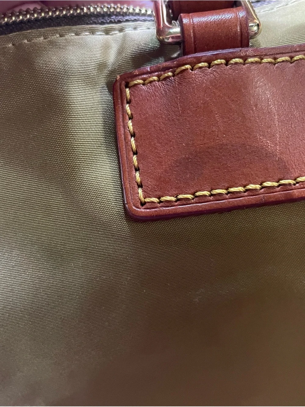 Dooney & Bourke Olive and Brown Leather Satchel With Purple Trim